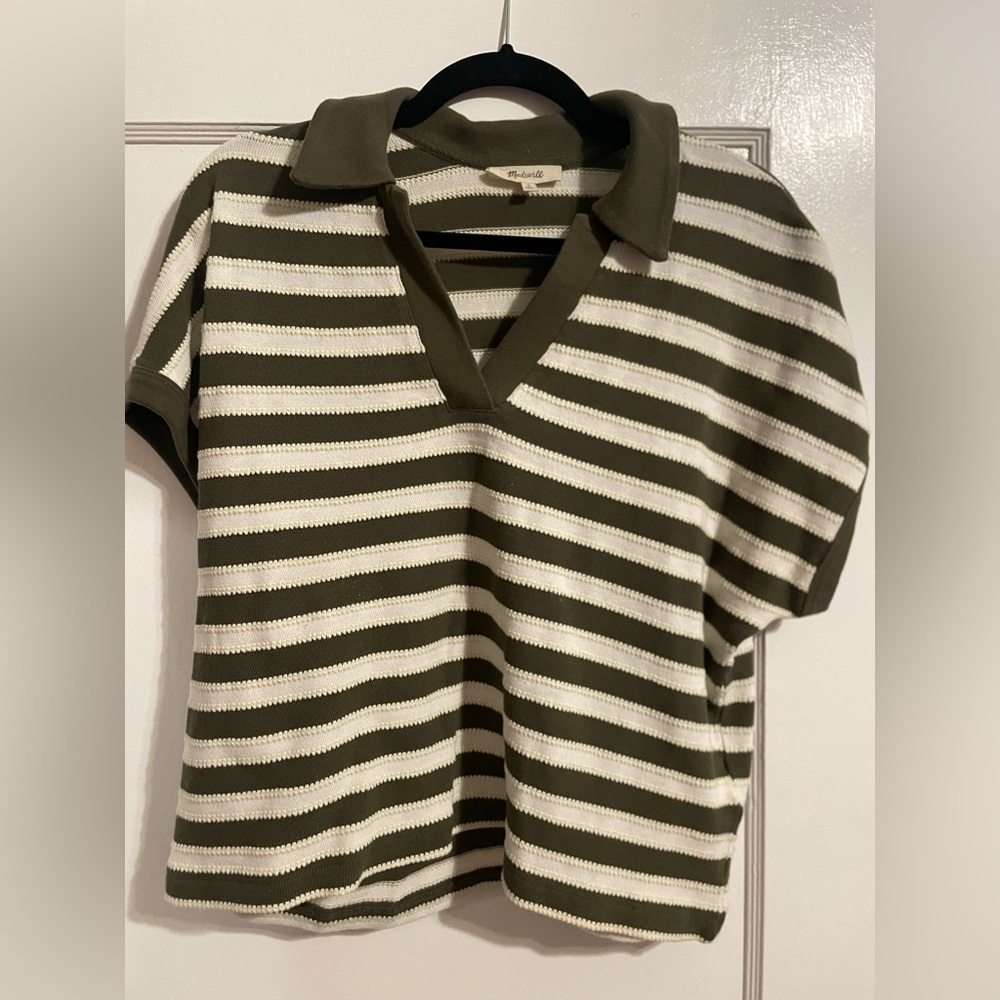 Madewell Olive and White Striped Top